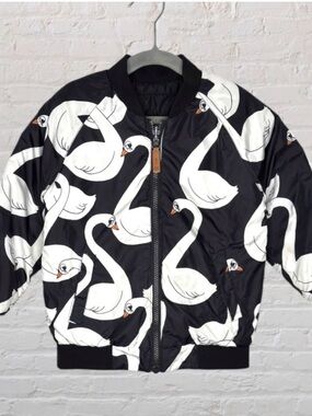 Mini Rodini Reversable Black Bomber Jacket with White Swan Print
